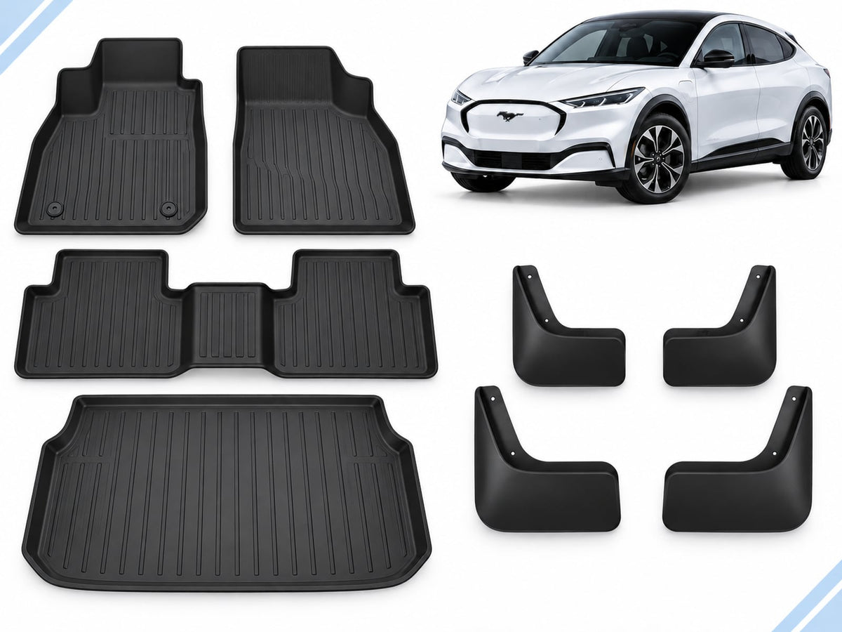 Ford Mustang Mach-E: Essential Protection Pack showing floor and boot mats with four mud flaps.
