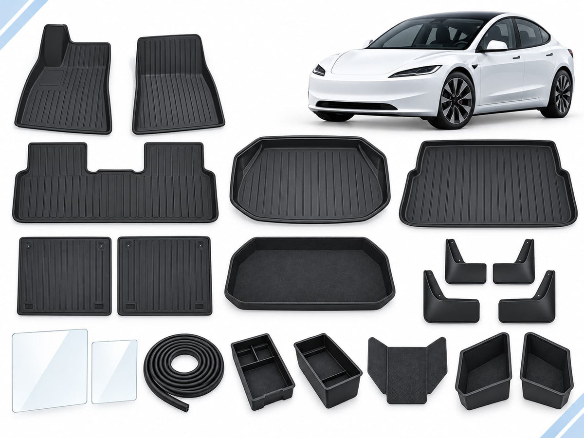 Model 3 Highland: New Owner Ultimate Pack showing floor and cargo mats, seatback protection, mud flaps, screen protectors, seal strips and interior organizers.