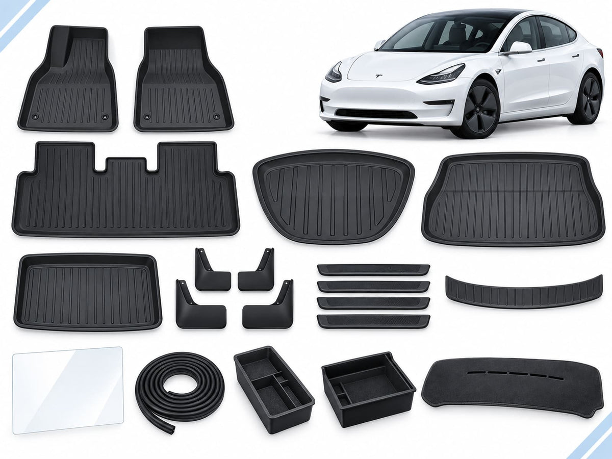 Model 3 Pre-Facelift: New Owner Ultimate Pack showing floor and cargo mats, mud flaps, sill guards, screen protector, seal strips, organizers and dashboard cover.
