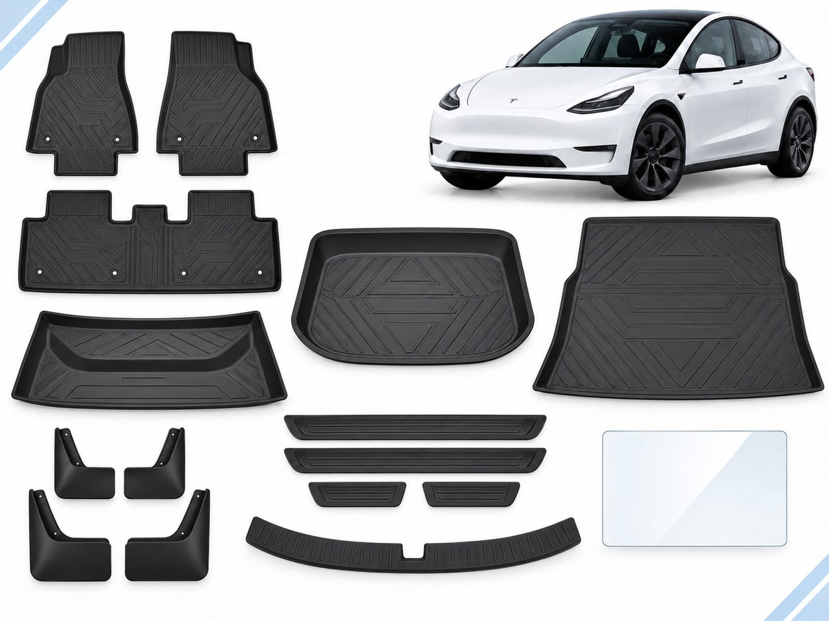 Model Y: Complete Protection Pack showing floor and cargo mats, four mud flaps, door and boot sill protectors and screen protector.