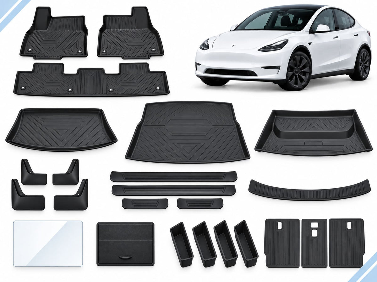 Model Y: New Owner Ultimate Pack showing floor and cargo mats, mud flaps, sill and screen protection, armrest and door organizers and seatback mats.