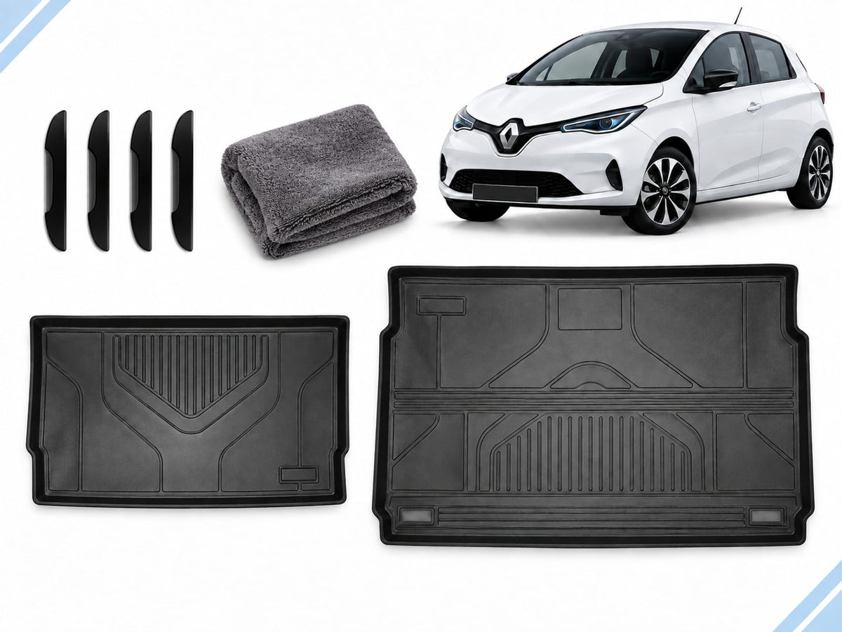 Renault Zoe: Complete Protection Pack showing upper and lower boot mats, four door-edge guards and drying towel.