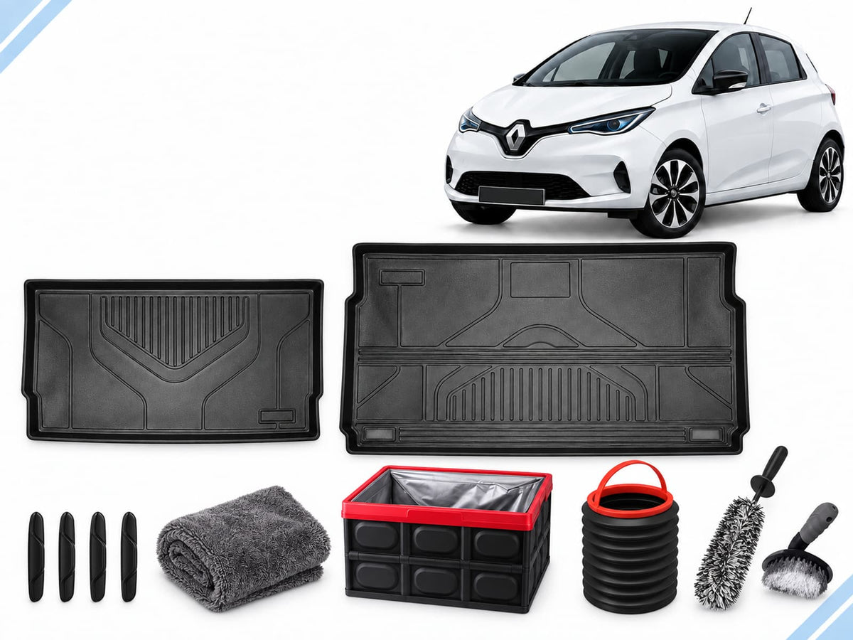 Renault Zoe: New Owner Ultimate Pack showing two boot mats, door-edge guards, drying towel, folding storage box, trash can and wheel brushes.