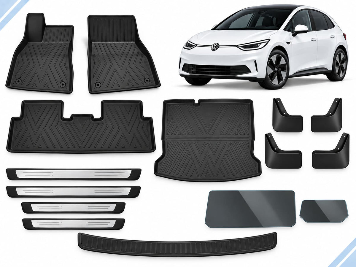 VW ID.3: Complete Protection Pack showing floor and boot mats, mud flaps, four door sill guards, boot sill guard and two screen protectors.
