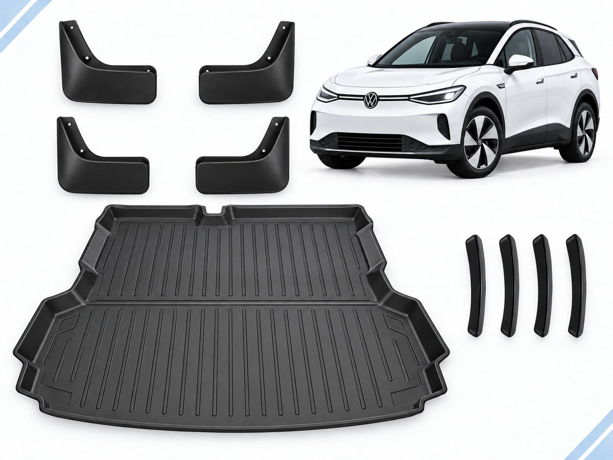 VW ID.4: Essential Protection Pack showing boot liner, four mud flaps and four door-edge guards.