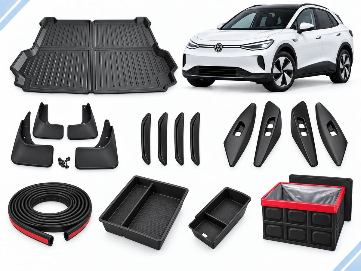 VW ID.4: New Owner Ultimate Pack showing boot liner, mud flaps, door-edge guards, door-handle covers, seal strips, console organizers and folding storage box.