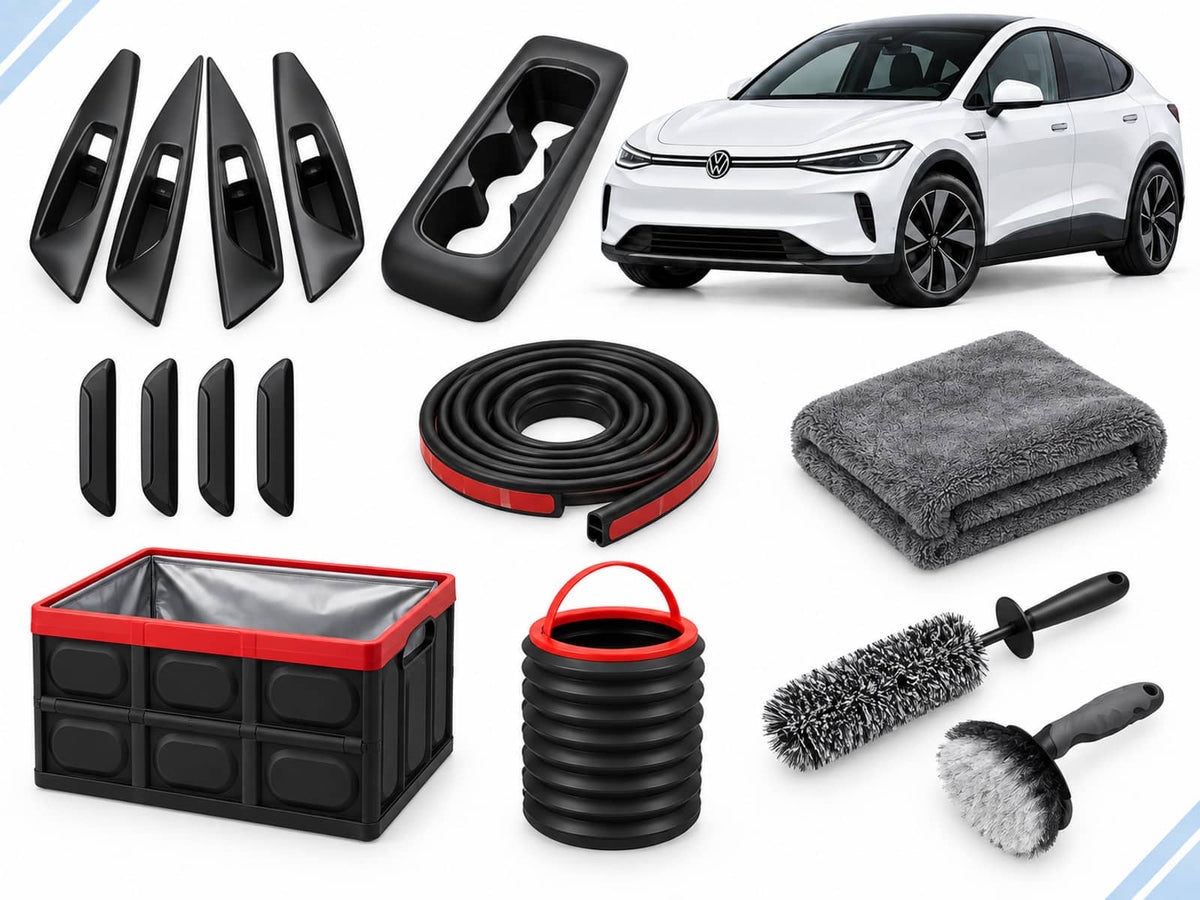 VW ID.5: New Owner Ultimate Pack showing door-handle and console covers, door-edge guards, seal strips, towel, folding storage box, trash can and wheel brushes.