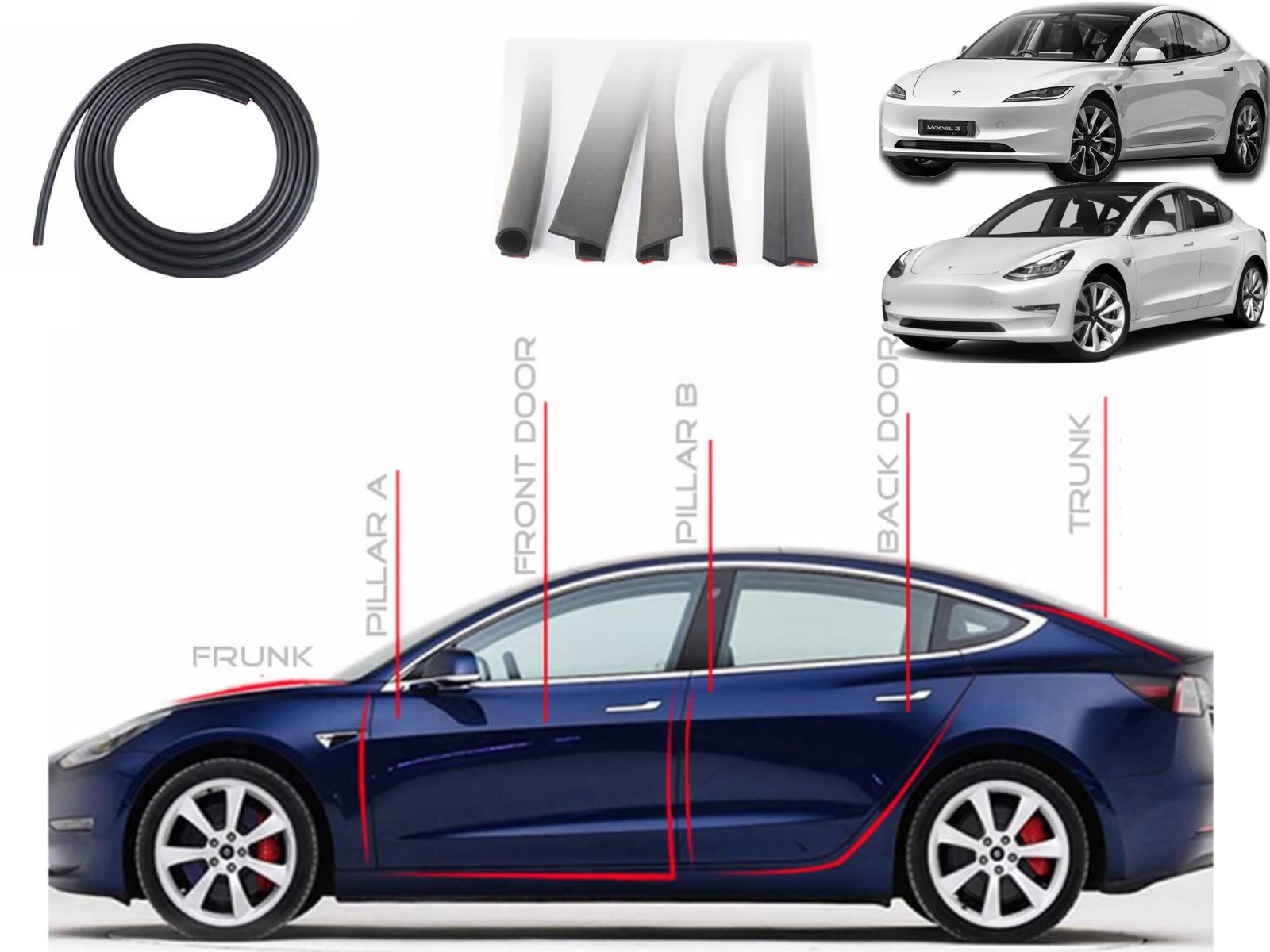 Bandes d'étanchéité en caoutchouc pour portes + frunk + coffre Tesla Model 3 et Model Y