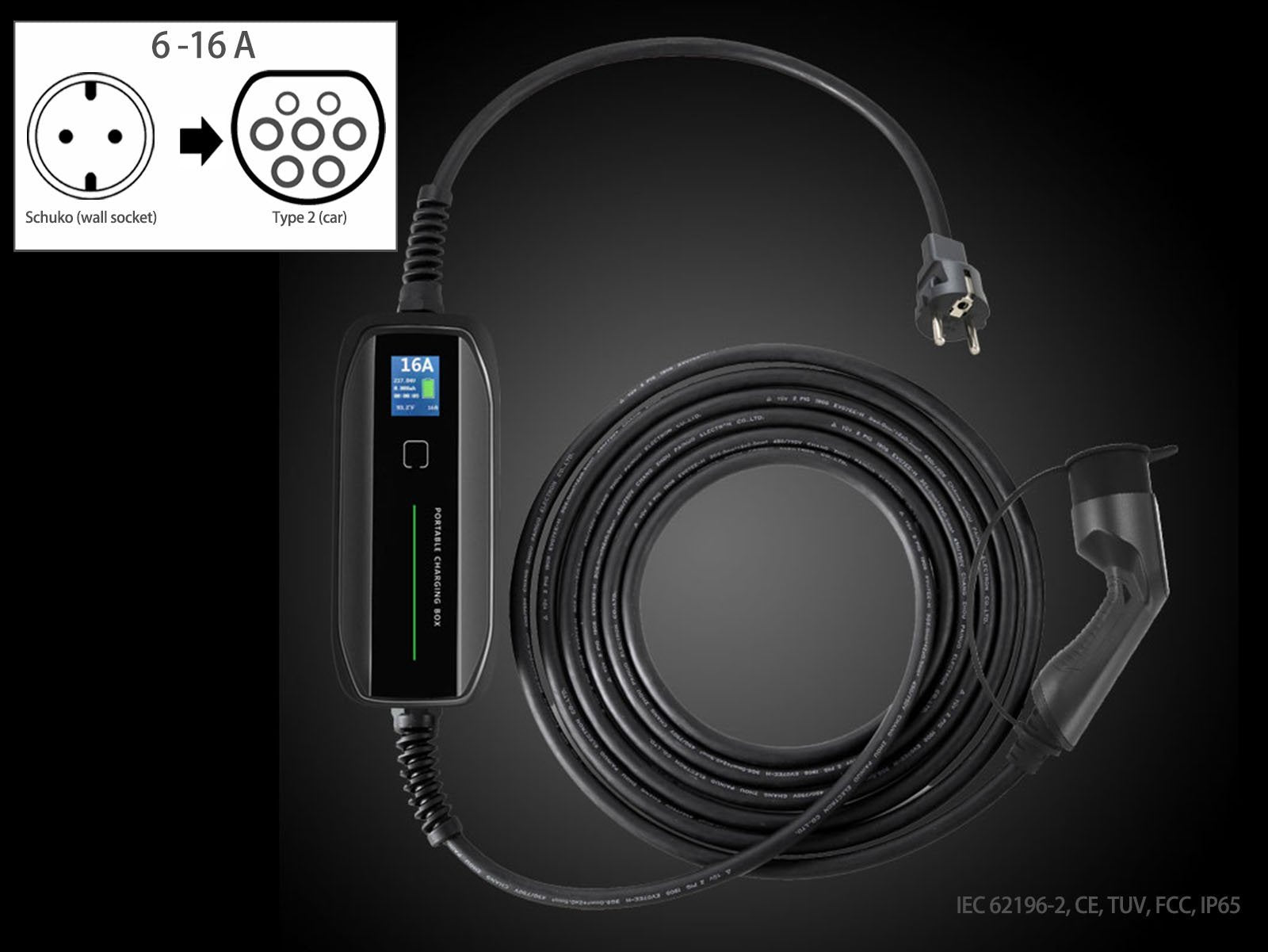 Portable EV Charger with LCD Display, Schuko (wall socket) to Type 2 (car), 6-16A,5m, Besen - Torque Alliance