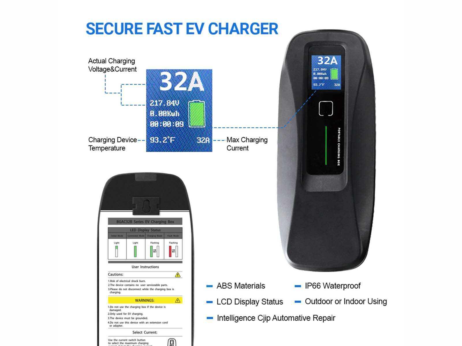 Portable EV Charger with LCD Display,CEE (wall socket) to Type 1 (car),16-40A,5m,Besen - Torque Alliance