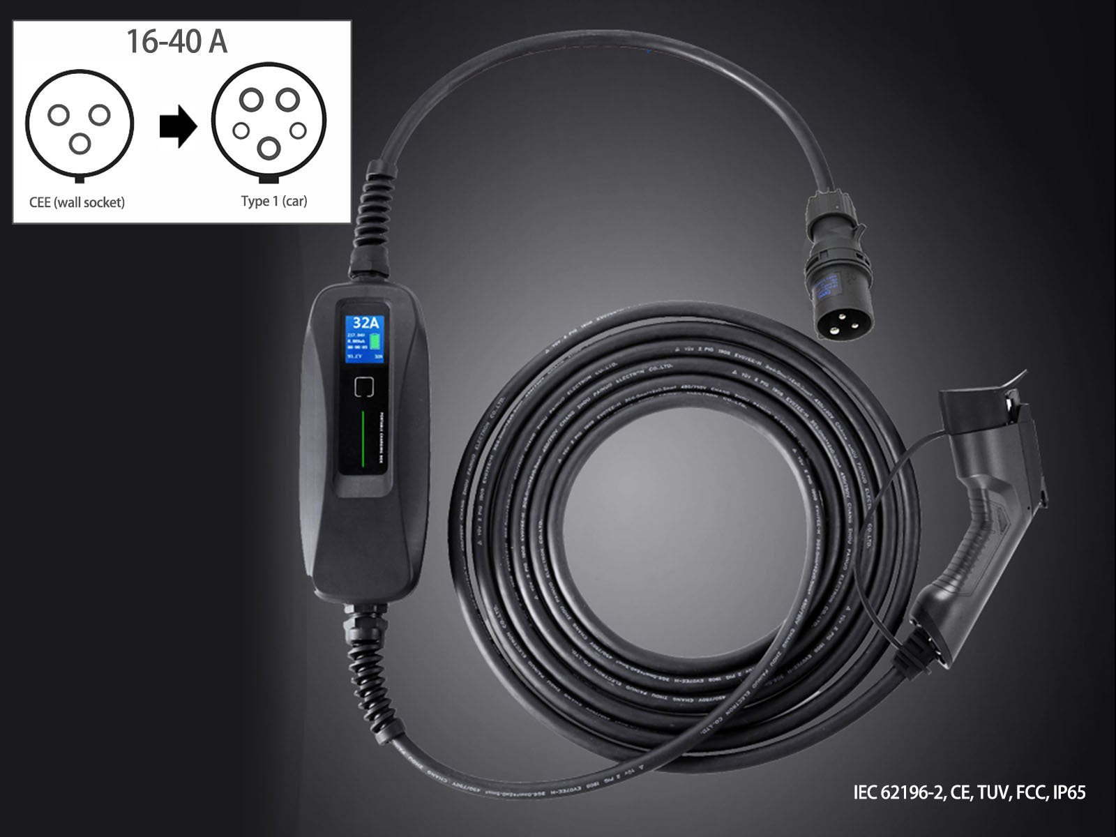 Portable EV Charger with LCD Display,CEE (wall socket) to Type 1 (car),16-40A,5m,Besen - Torque Alliance