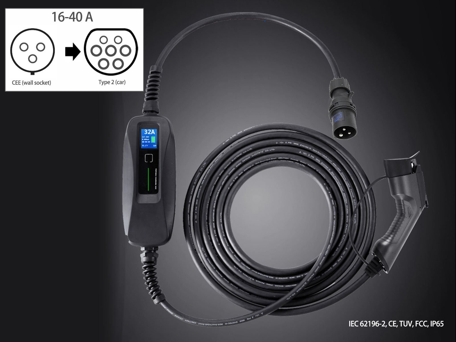 Portable EV Charger with LCD Display,CEE (wall socket) to Type 2 (car),16-40A,5m,Besen - Torque Alliance