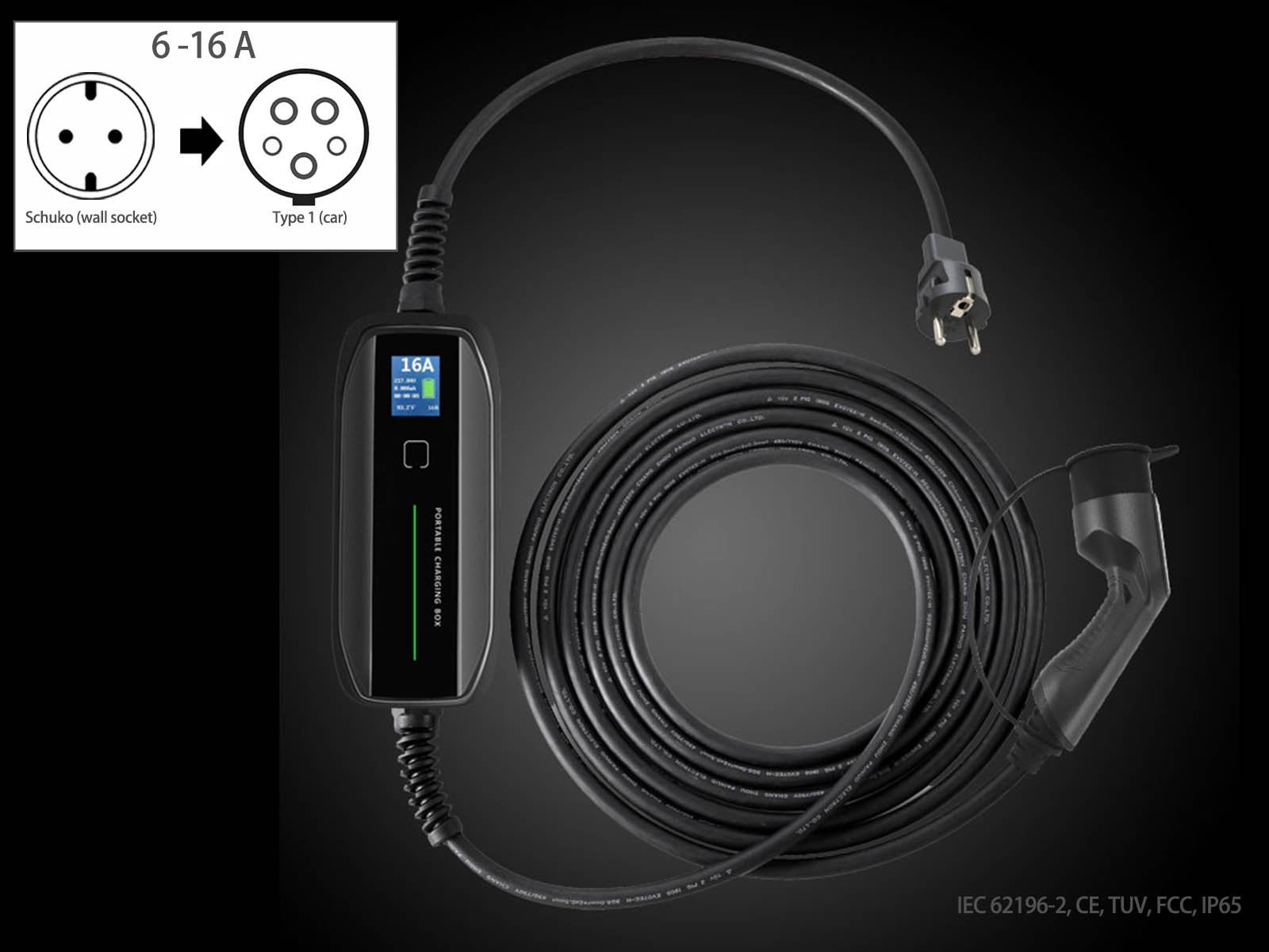 Portable EV Charger with LCD Display,Schuko (wall socket) to Type 1 (car),6-16A,5m,Besen - Torque Alliance