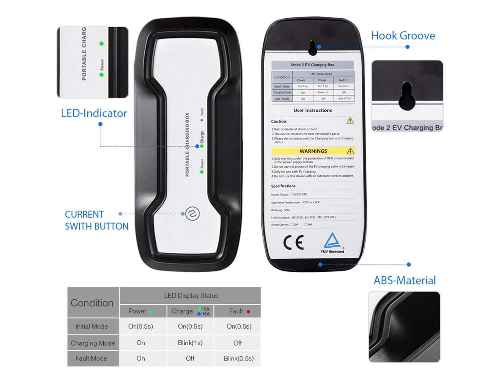 Portable EV Charger,Schuko (wall socket) to Type 1 (car),6-16A,5m,Besen - Torque Alliance