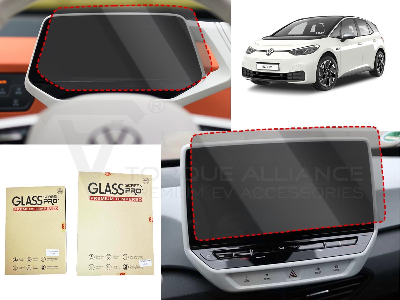 Volkswagen ID.3, ID.4: gehard glas scherm beschermer set (9H) voor instrumenten en 10-inch infotainment Displays - Torque Alliance