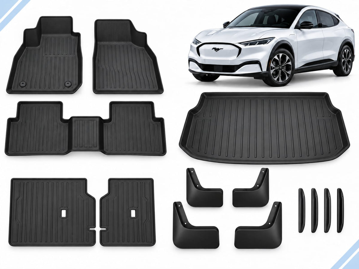 Ford Mustang Mach-E: Complete Protection Pack showing floor and boot mats, two seatback protector mats, four mud flaps and four door-edge guards.