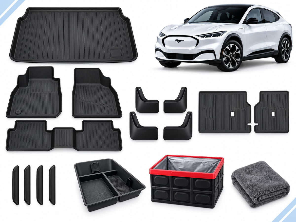 Ford Mustang Mach-E: New Owner Ultimate Pack showing floor, boot and seatback mats, mud flaps, door-edge guards, console organizer, folding storage box and drying towel.