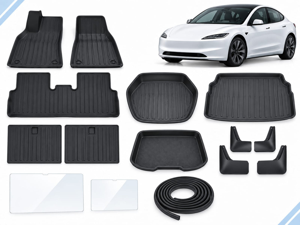 Model 3 Highland: Complete Protection Pack showing floor, frunk, trunk and lower-compartment mats, seatback protection, mud flaps, two screen protectors and seal strips.