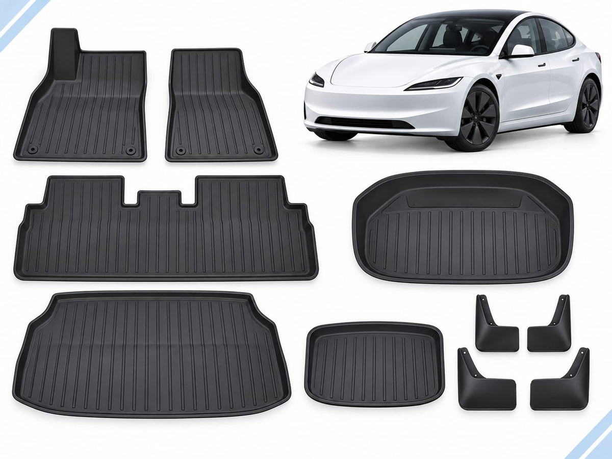Model 3 Highland: Essential Protection Pack showing floor, frunk, trunk and lower-compartment mats with mud flaps.
