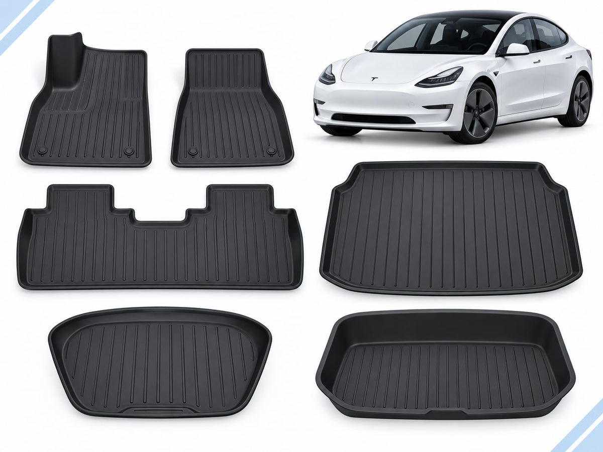 Model 3 Pre-Facelift: Essential Protection Pack showing floor, frunk, trunk and lower-compartment mats.