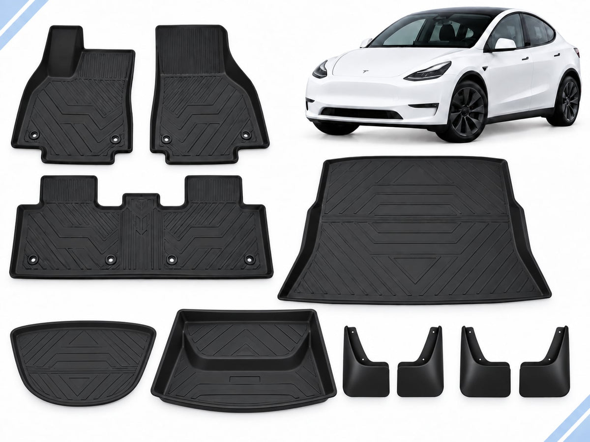 Model Y: Essential Protection Pack showing floor, frunk, trunk and lower-compartment mats with four mud flaps.