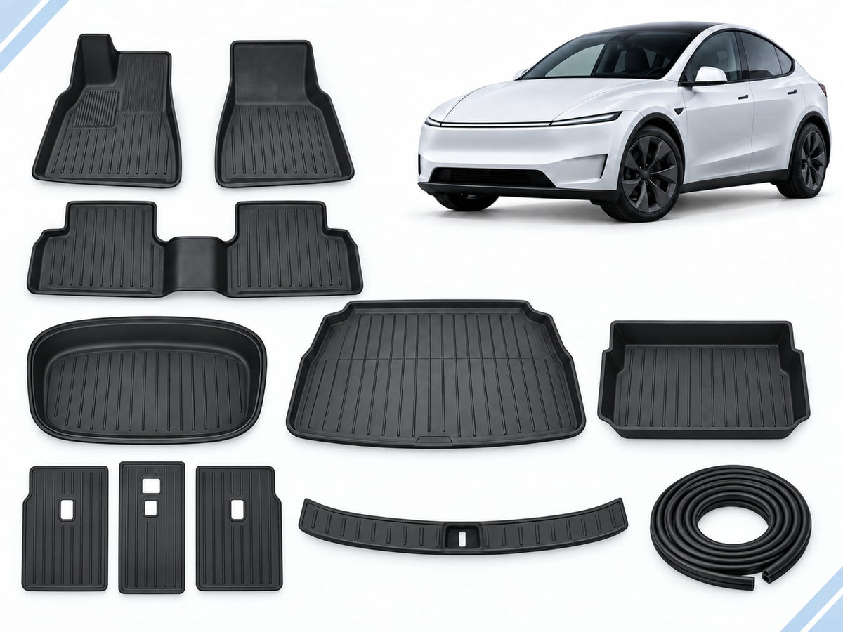 Model Y Juniper: Complete Protection Pack showing floor and cargo mats, three seatback protector mats, boot sill guard and seal strips.