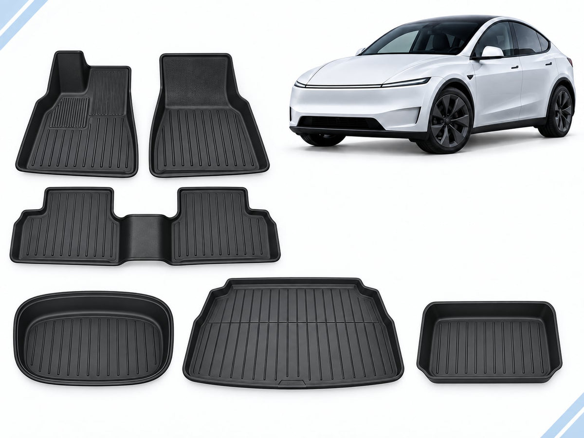 Model Y Juniper: Essential Protection Pack showing floor, frunk, trunk and lower-compartment mats.