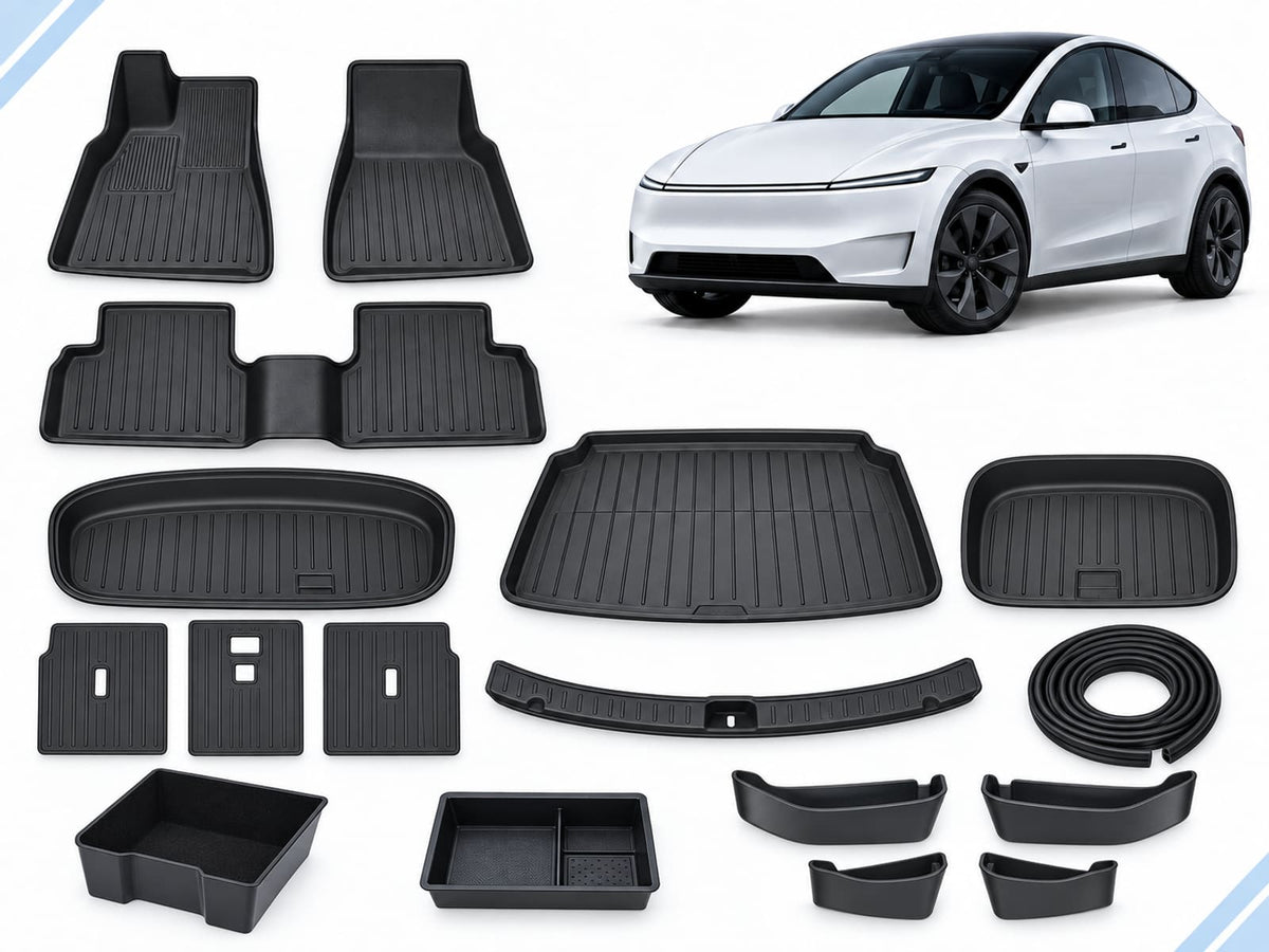 Model Y Juniper: New Owner Ultimate Pack showing floor and cargo mats, seatback protectors, boot sill guard, seal strips, console trays and door-pocket organizers.