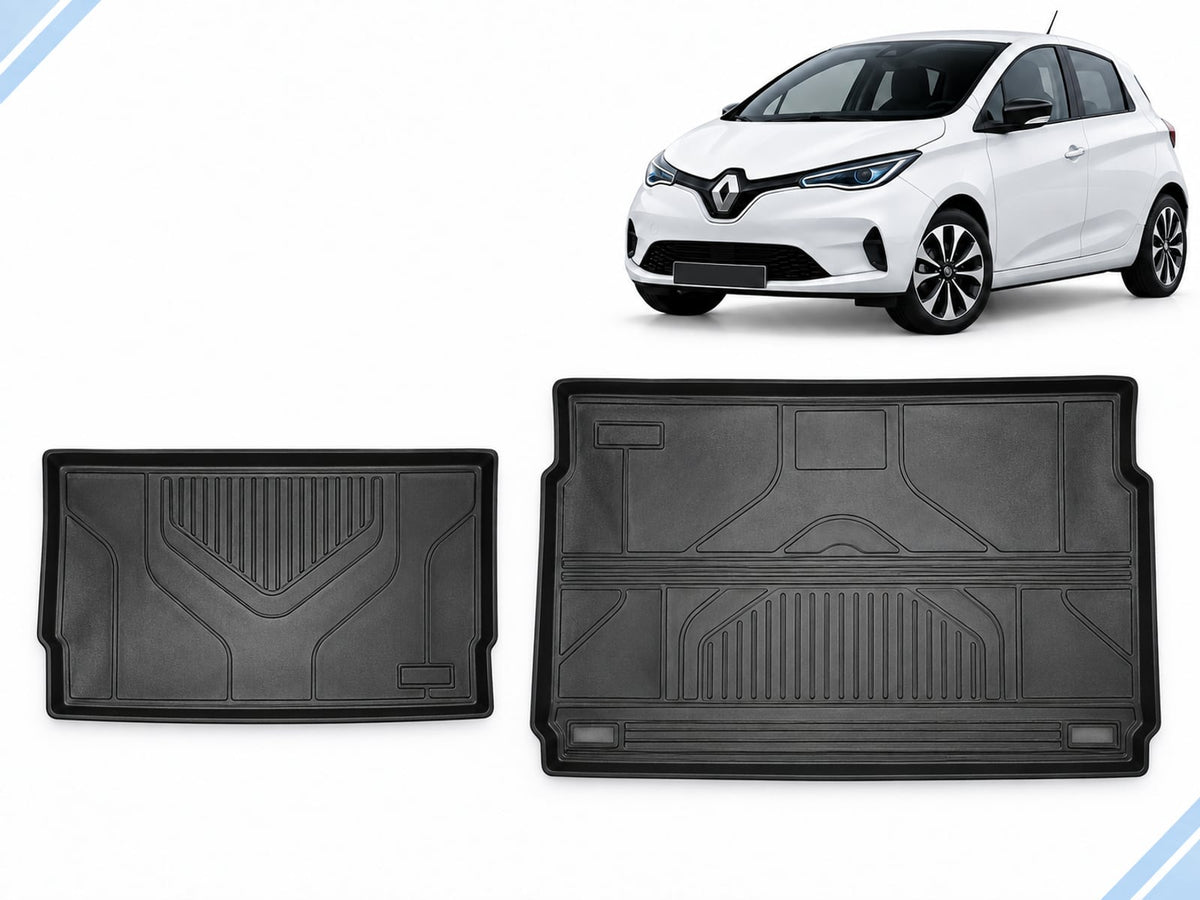 Renault Zoe: Essential Protection Pack showing upper boot liner and lower-compartment mat.