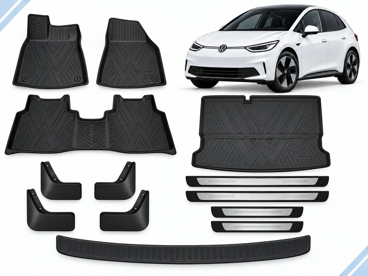 VW ID.3: Essential Protection Pack showing floor and boot mats, mud flaps, four door sill guards and boot sill guard.