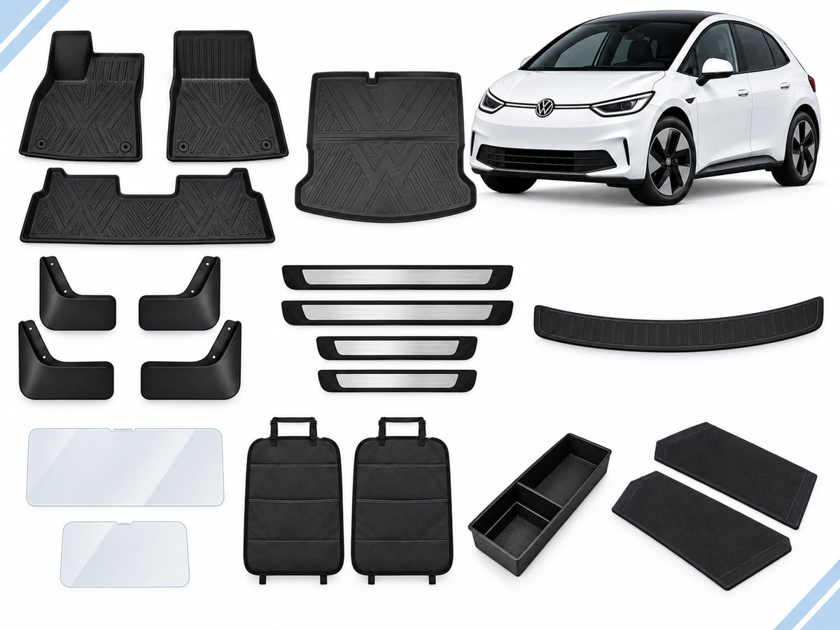 VW ID.3: New Owner Ultimate Pack showing floor and boot mats, mud flaps, sill and screen protection, front seatback covers, console tray and boot side barriers.