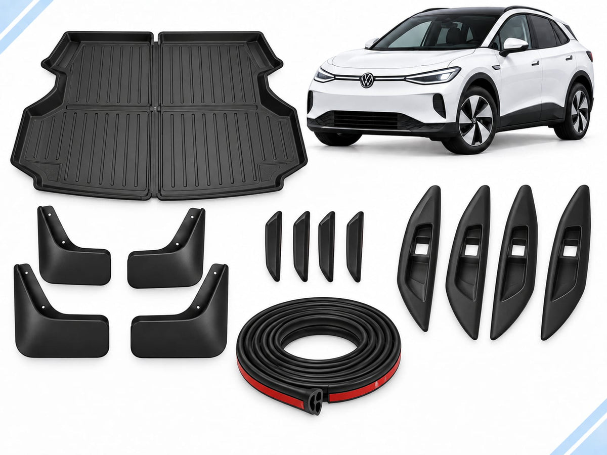 VW ID.4: Complete Protection Pack showing boot liner, four mud flaps, door-edge guards, four interior door-handle covers and seal strips.