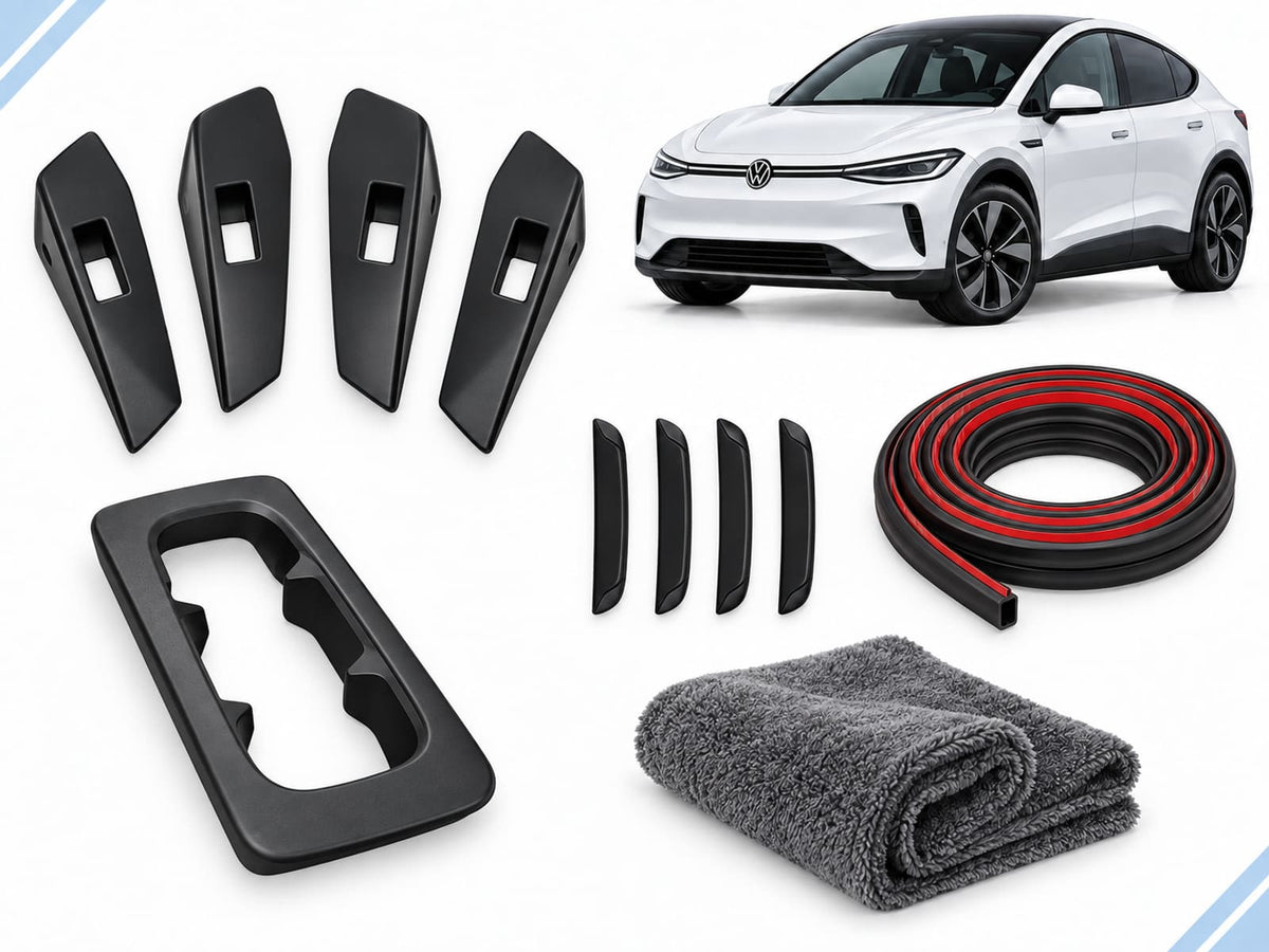 VW ID.5: Complete Protection Pack showing four door-handle covers, center console cover, door-edge guards, seal strips and drying towel.