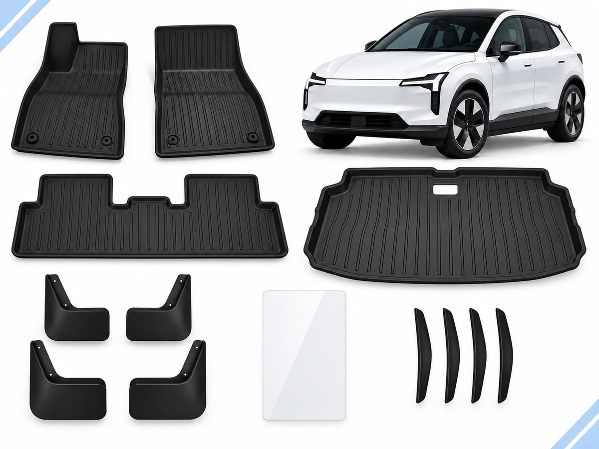 Volvo EX30: Complete Protection Pack showing floor and boot mats, four mud flaps, screen protector and four door-edge guards.
