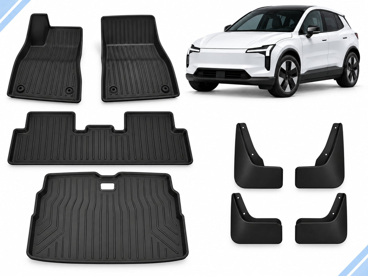 Volvo EX30: Essential Protection Pack showing floor and boot mats with four mud flaps.