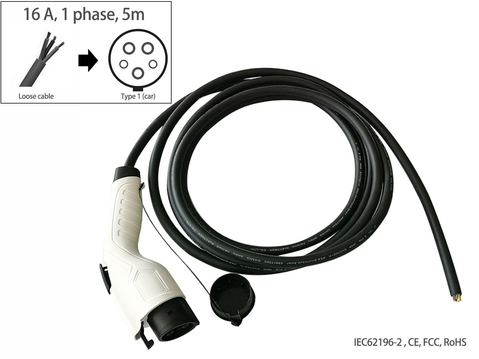 EV charging cable,Loose cable to Type 1 (car),16A,single phase,5m,Fisher - Torque Alliance