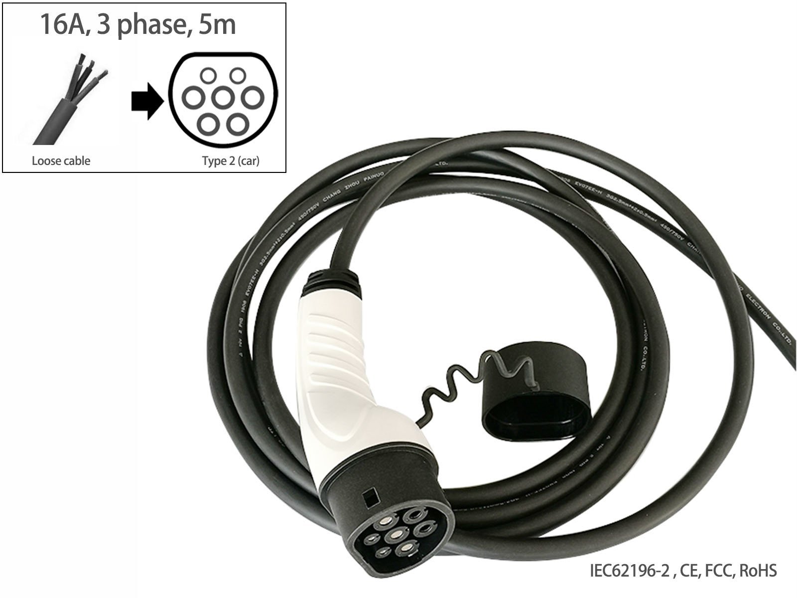 EV charging cable,Loose cable to Type 2 (car),16A,3 phase,5m,Fisher - Torque Alliance