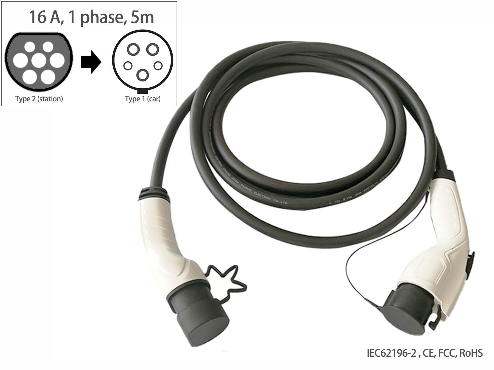 EV charging cable,Type 2 (station) to Type 1 (car),16A,Single phase,5m,Fisher - Torque Alliance