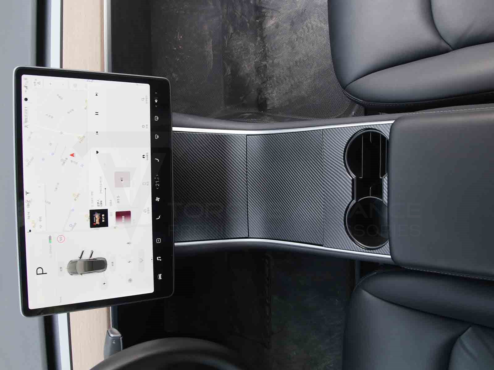 Couvercle Console Centrale Fibre De Carbone Mat - Compatible Tesla Model 3 (2017-2023) Et Model Y (2019-2025)
