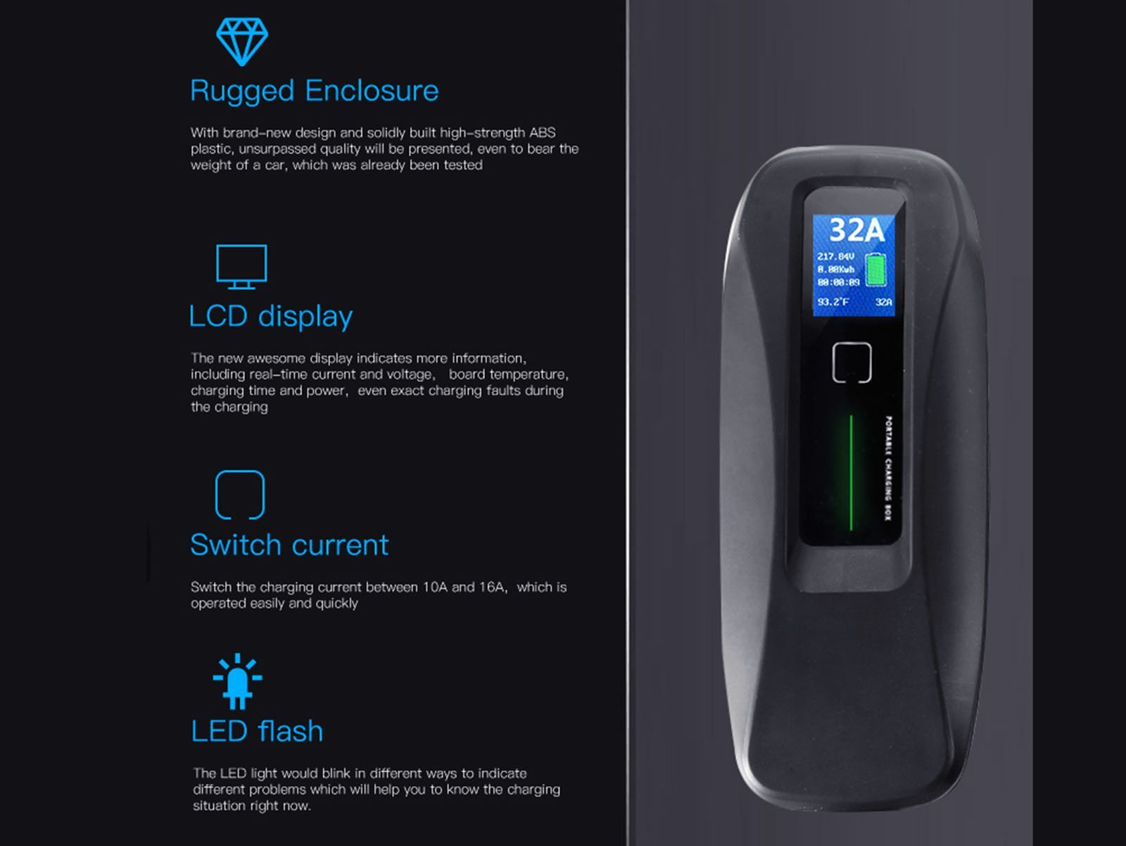 Portable EV Charger with LCD Display,CEE (wall socket) to Type 1 (car),16-40A,5m,Besen - Torque Alliance