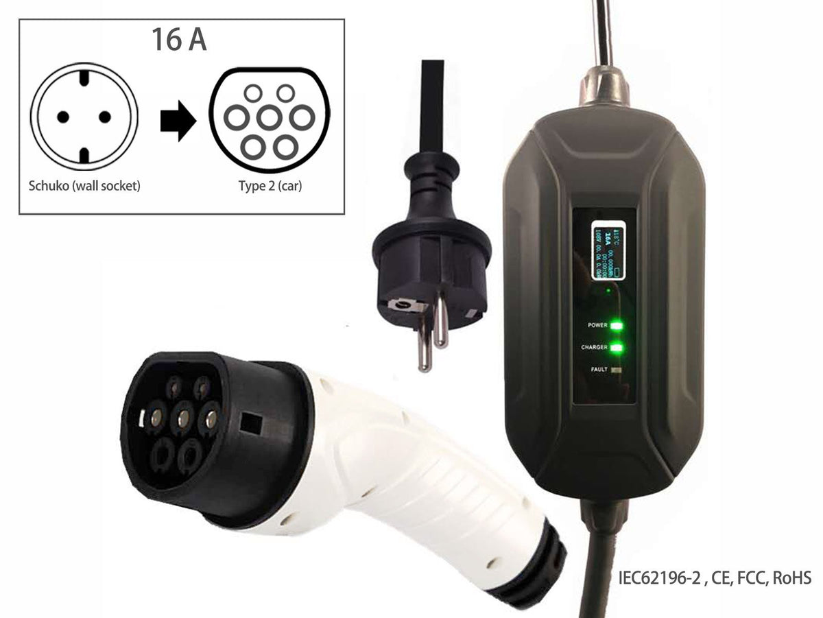 Portable EV charger,Schuko (wall socket) to Type 2 (car),16A,Single ph -  Torque Alliance