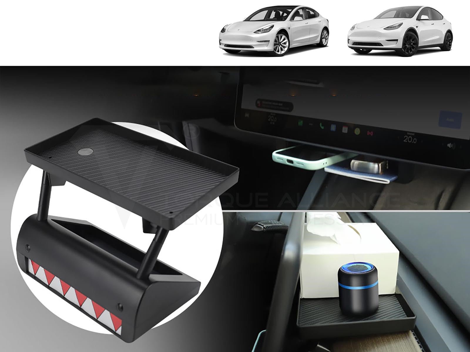 Tesla Model 3 and Model Y: Center Console Organizer Tray + Magnetic Under Screen Storage Box - Torque Alliance