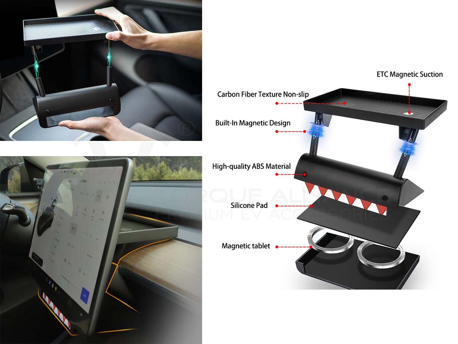 Tesla Model 3 and Model Y: Center Console Organizer Tray + Magnetic Under Screen Storage Box - Torque Alliance