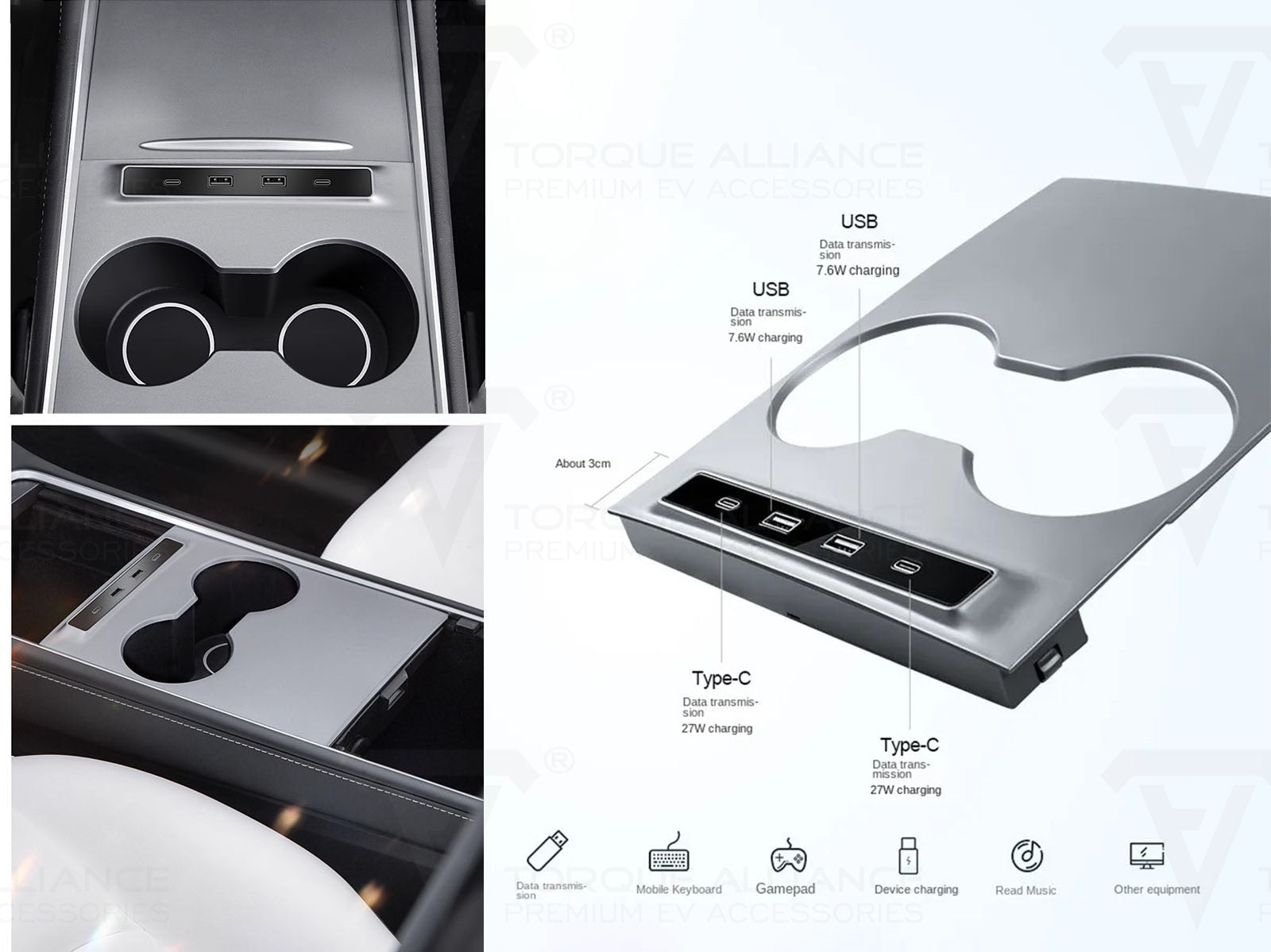 Tesla Model 3 and Model Y: Center Console quick charging USB HUB Extension(TYPE-C & TYPE-A) - Torque Alliance