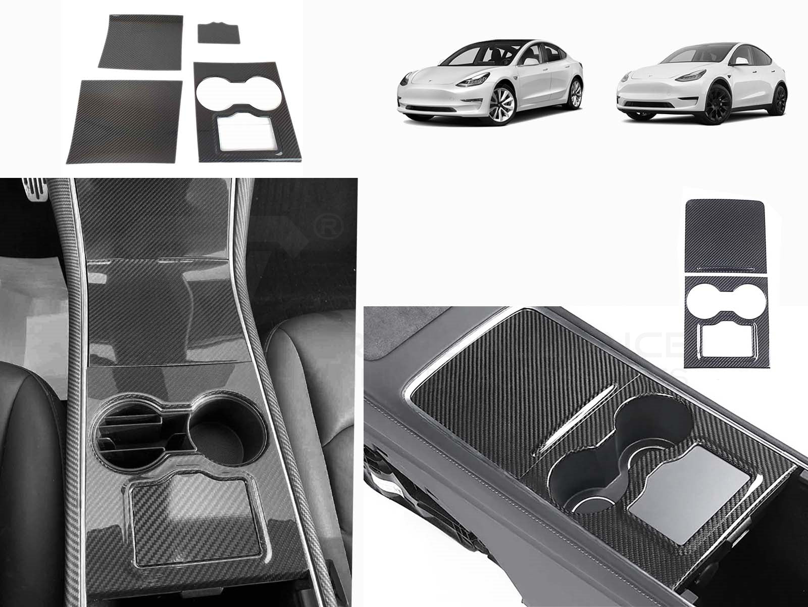 Tesla Model 3 and Model Y: Real Carbon Fiber Middle Console Cover Set (3 pcs) - Torque Alliance