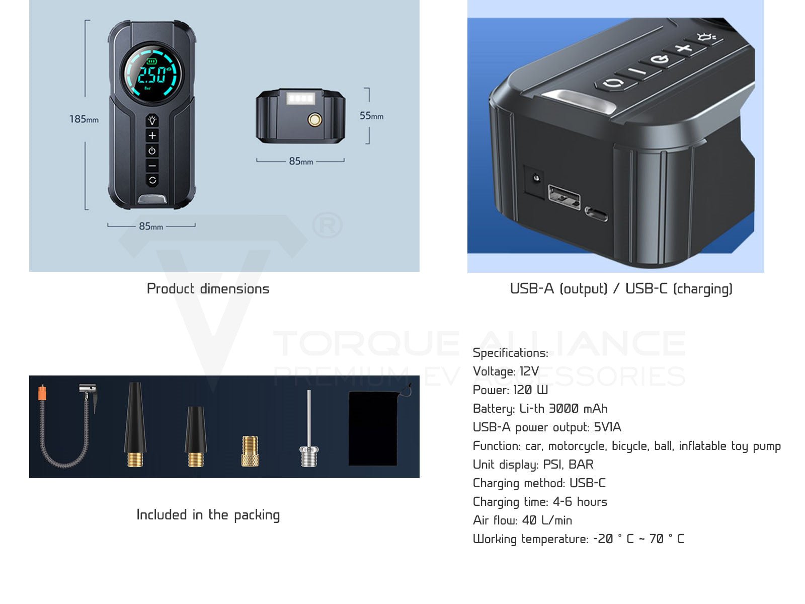 Universal: Portable Air Pump, Tire Inflator - Torque Alliance